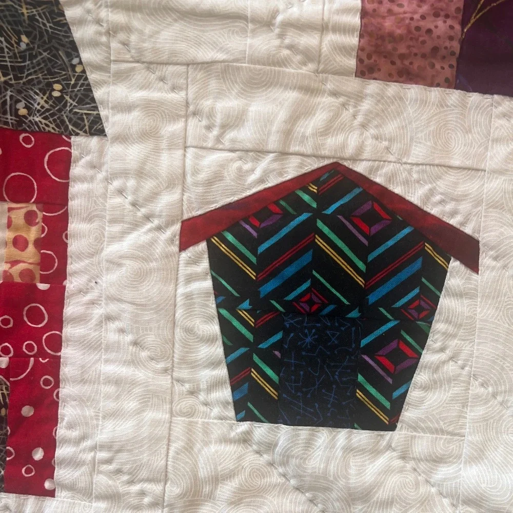 Handmade Quilted Wall Hanging Small Blanket Colorful Houses Dog Shark Border